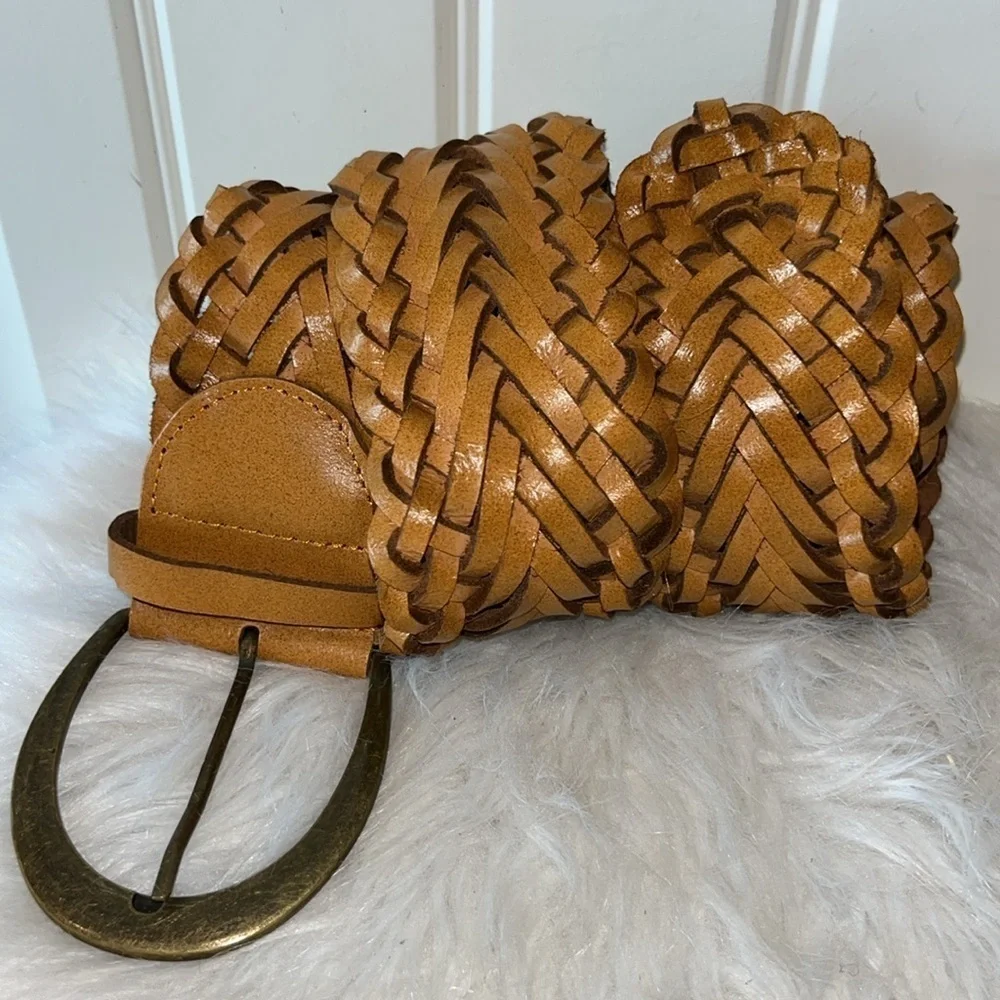 Wide tan leather braided belt boho hippie western size Medium